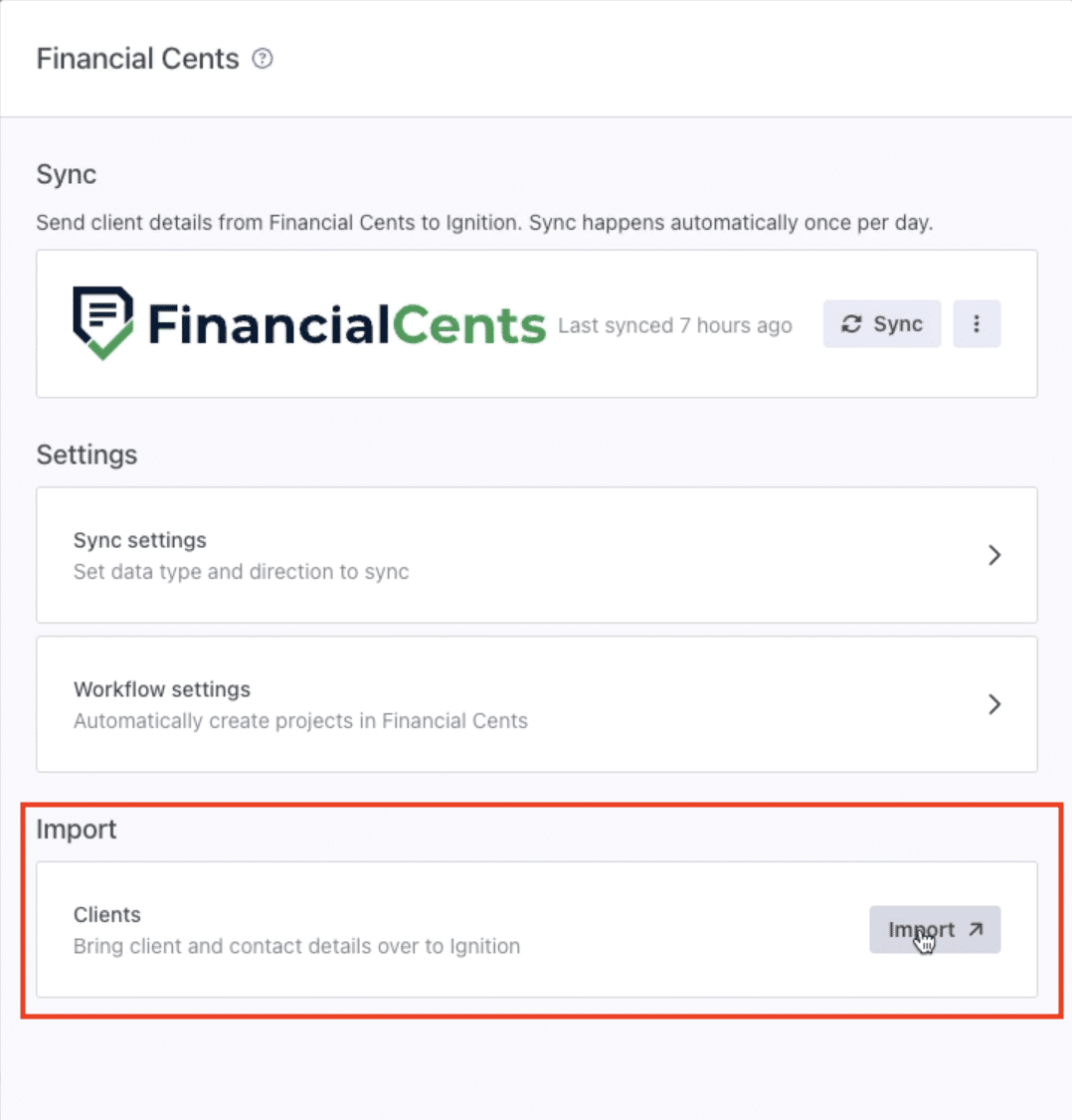 importing clients from Financial Cents to Ignition through the integration settings