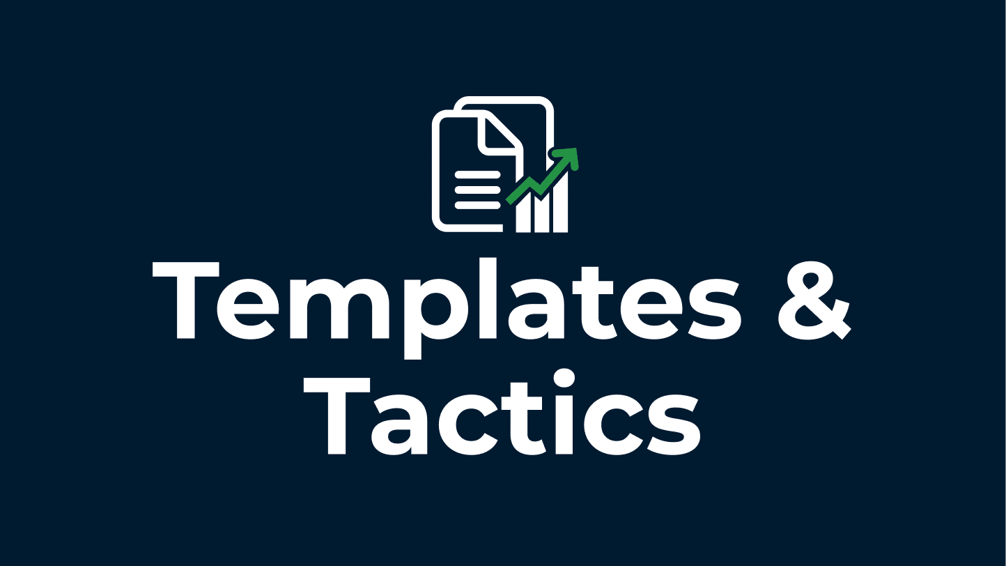 Dark blue background with an icon of documents and a rising chart above bold white text reading "Templates & Tactics."