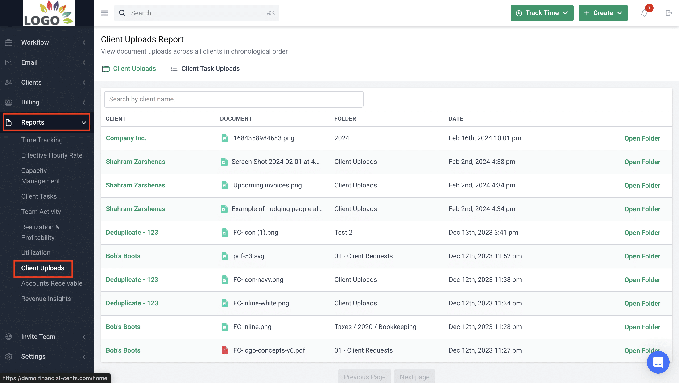 Using the client uploads report to track tax document submission