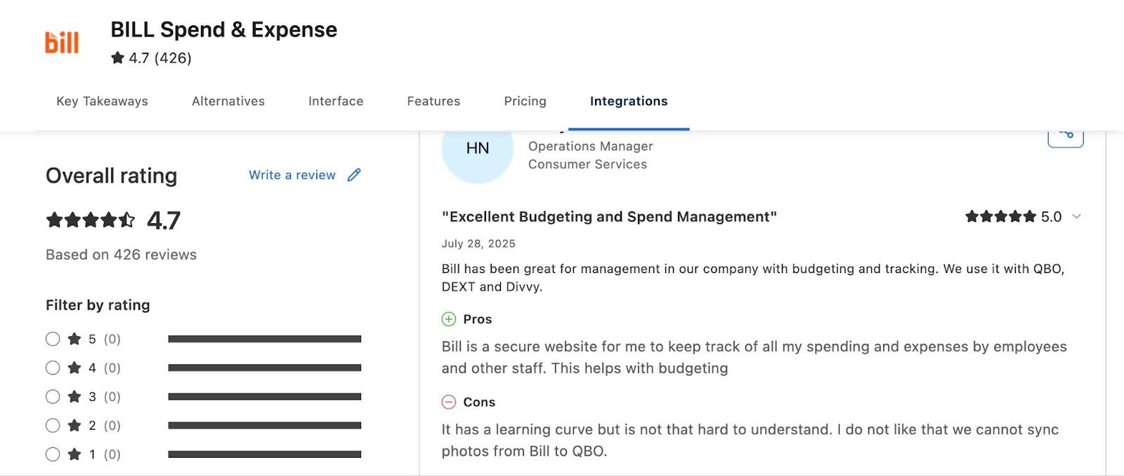 customer review of bill spend and expense