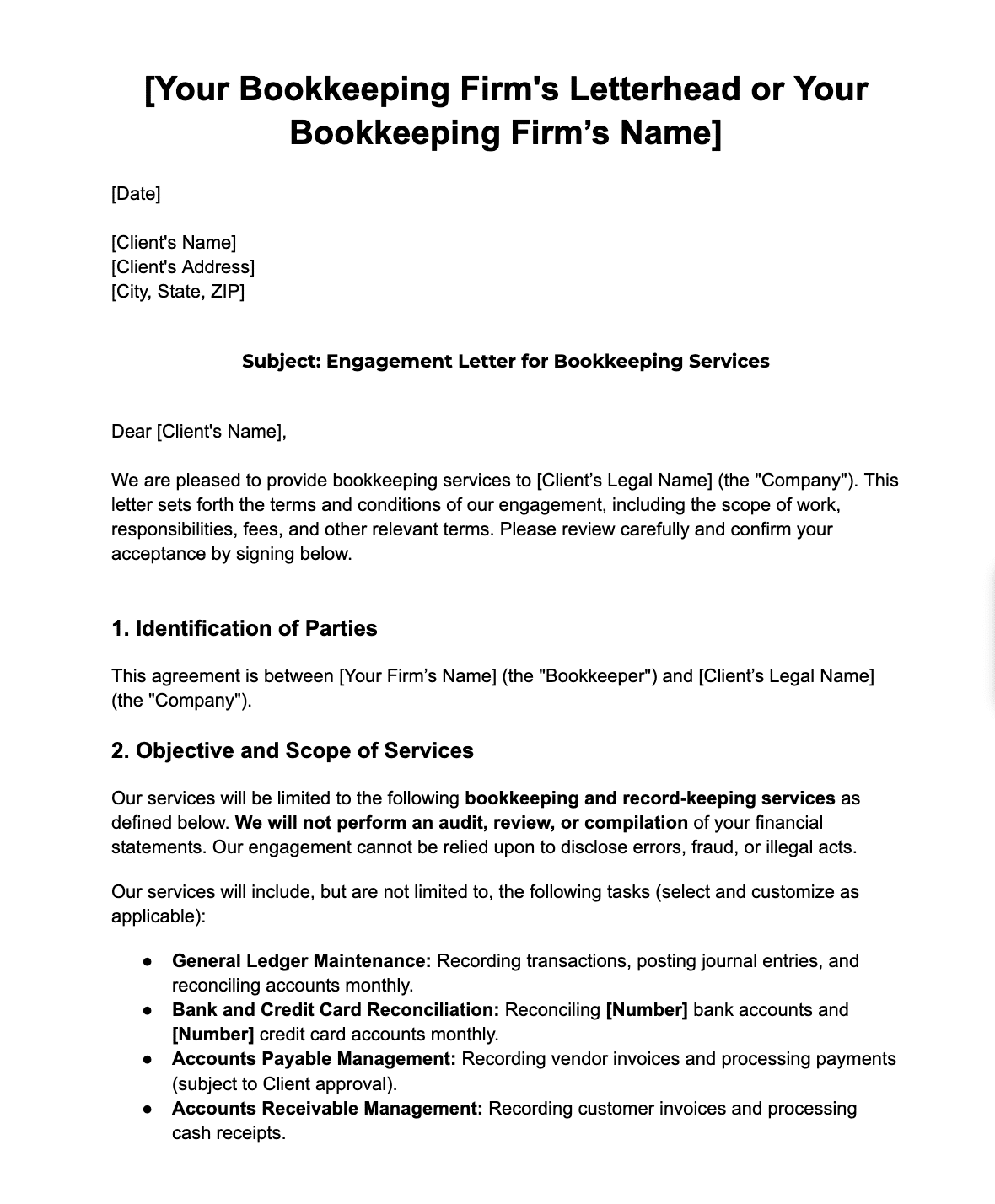 bookkeeping engagement letter template sample