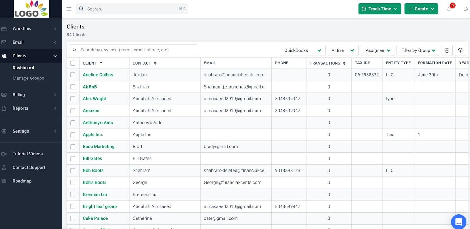 Financial Cents CRM dashboard for contacts