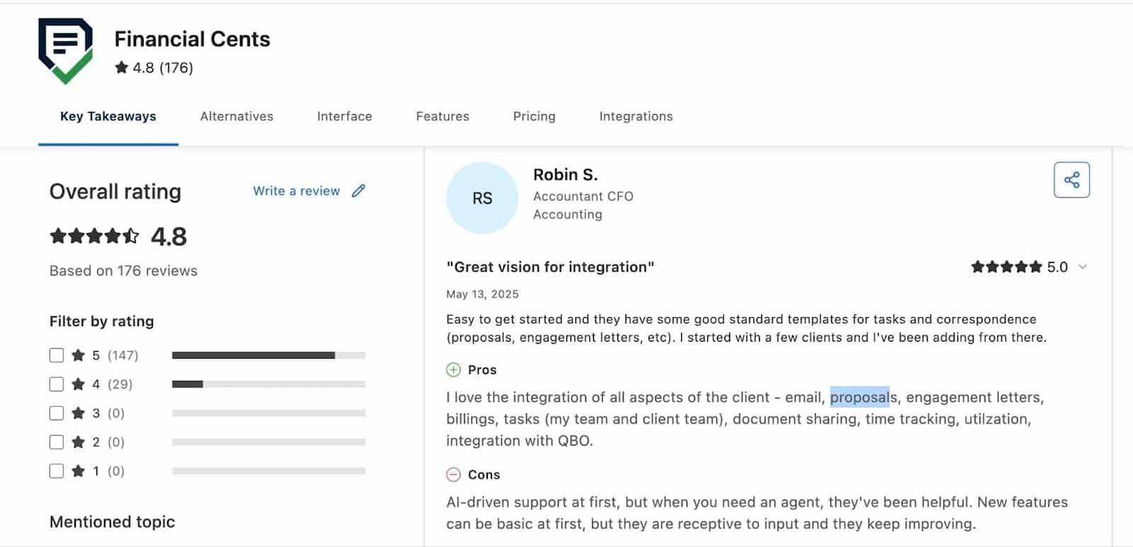 customer review of Financial Cents proposals feature