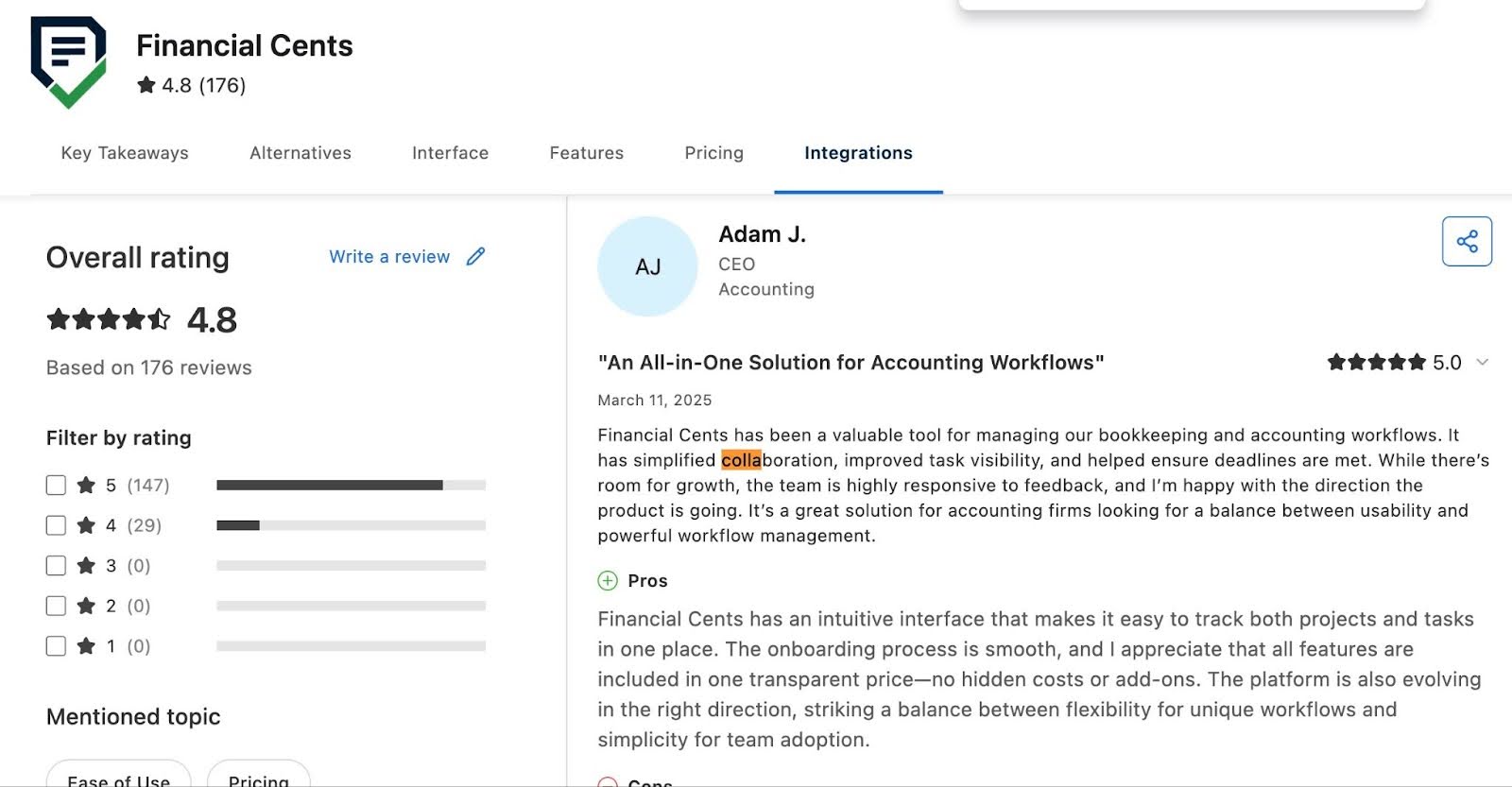 customer review of Financial Cents team collaboration feature