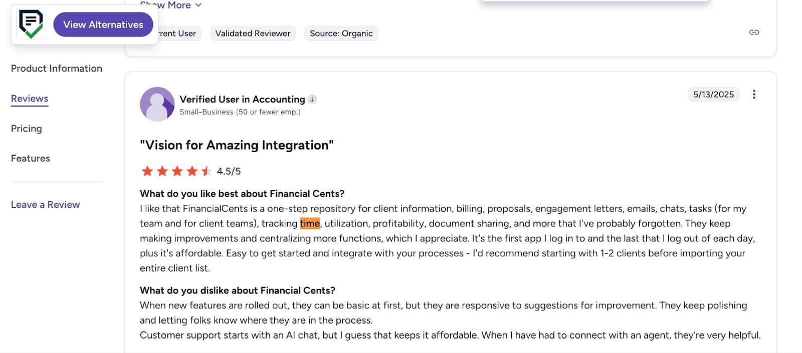 customer review of Financial Cents time tracking feature