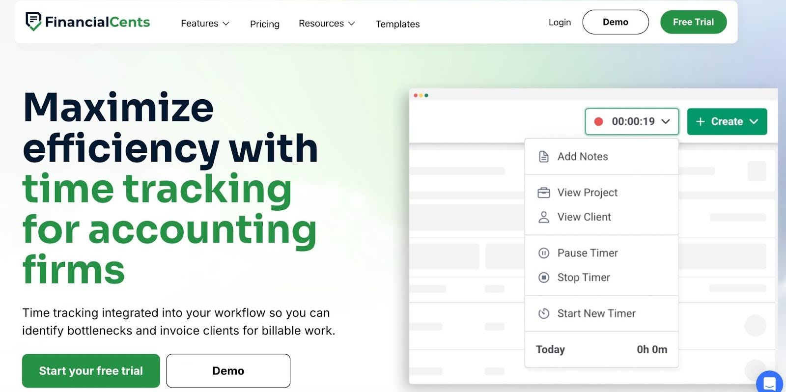 Financial Cents time tracking feature