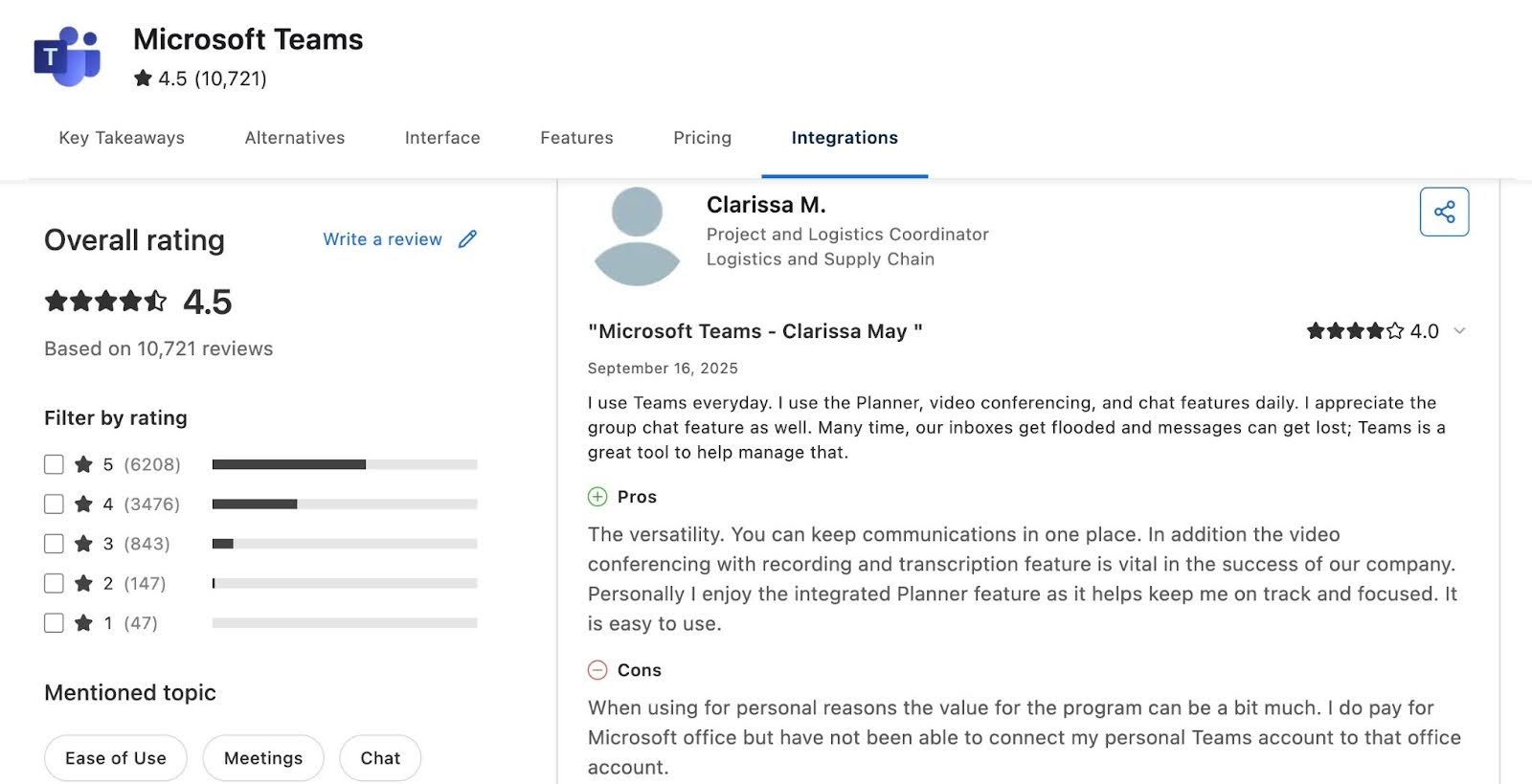 customer review of Microsoft Teams