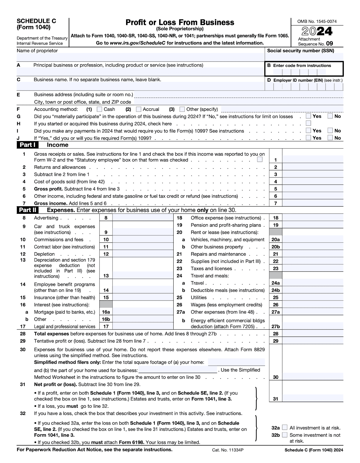 IRS Schedule C form 2024 - Part I & Part II