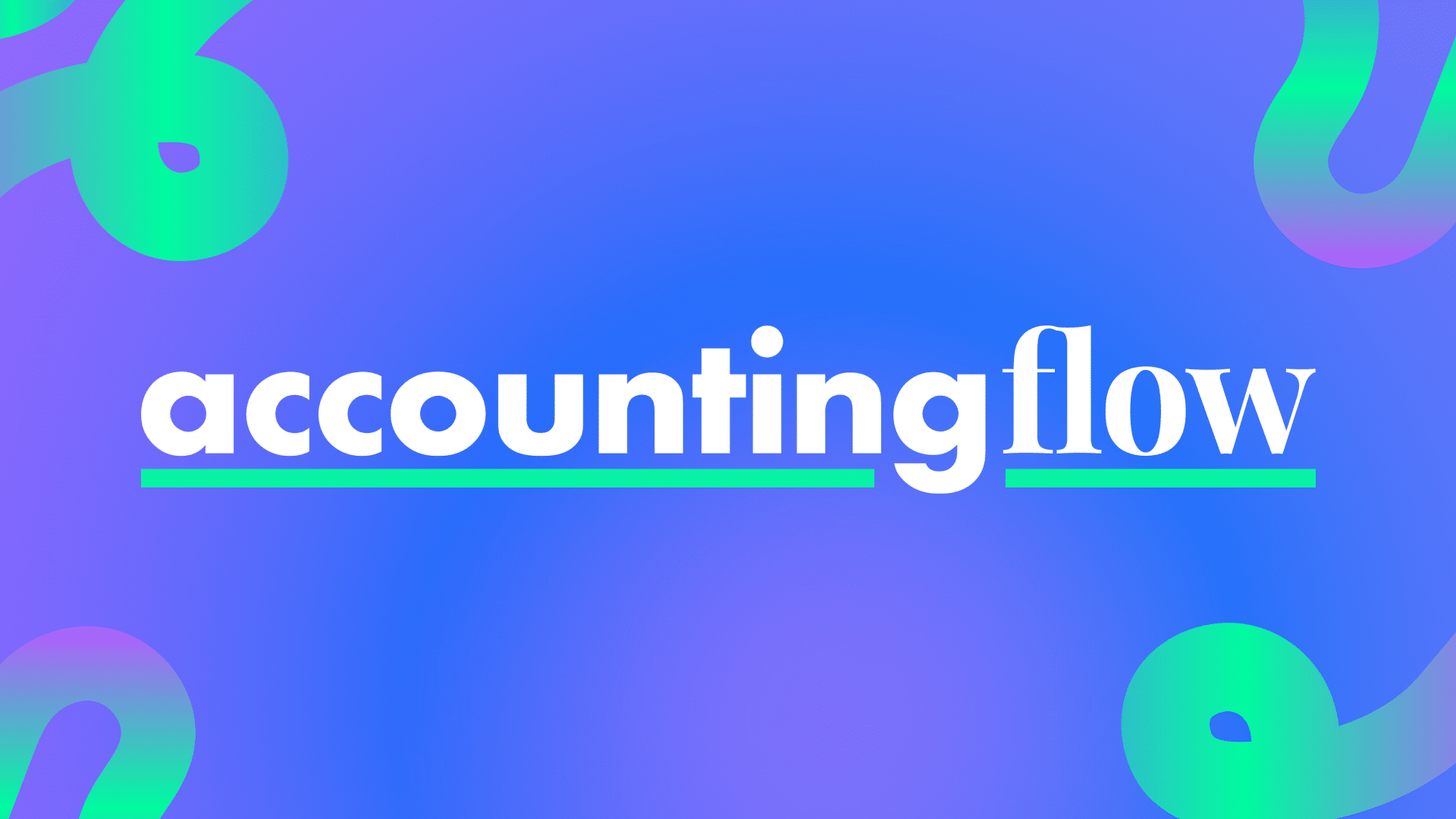 Blue and purple gradient background with green abstract shapes, featuring the text "accountingflow" in white with green underlines.