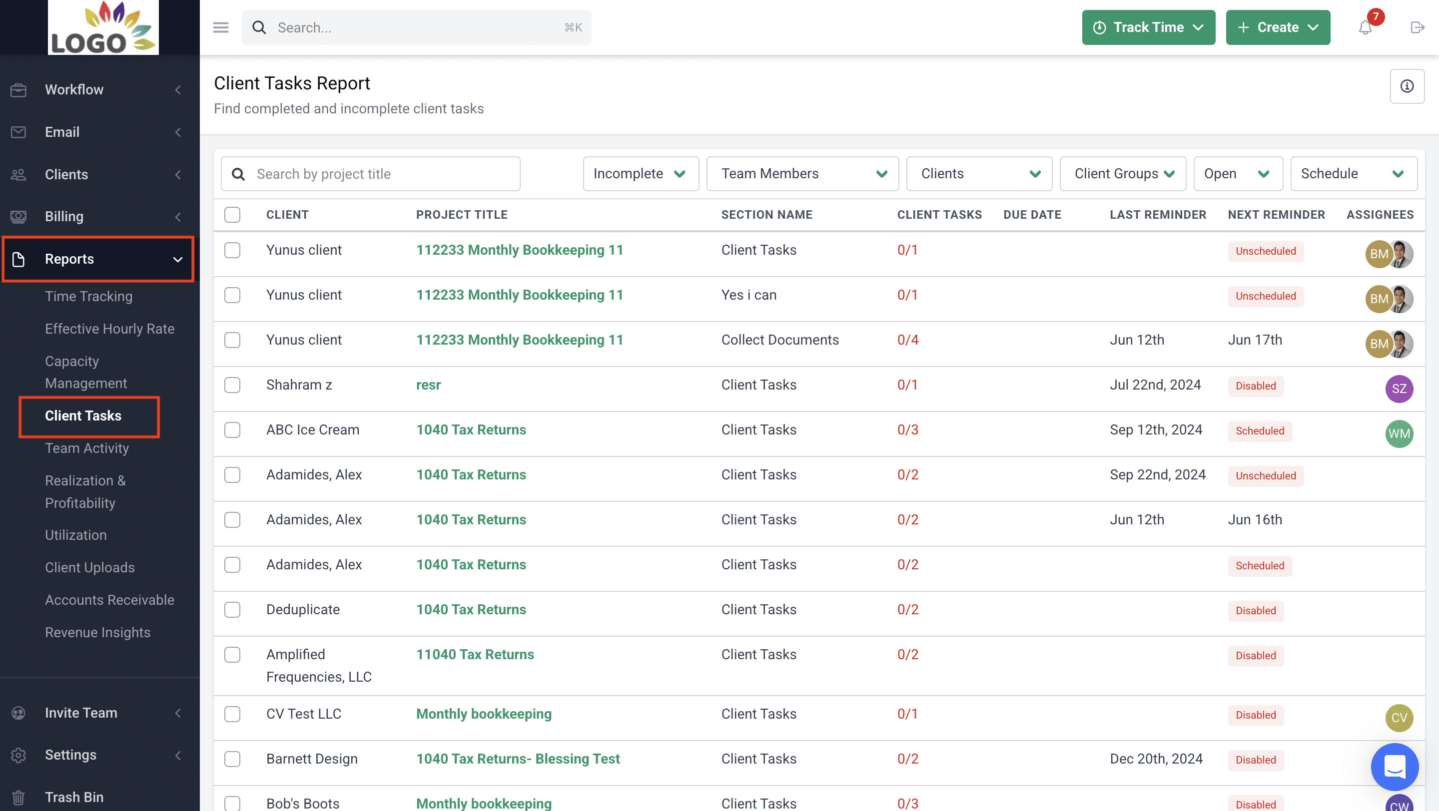 client task reports in Financial Cents