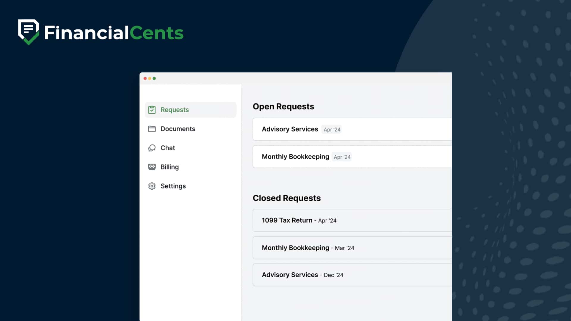 Financial Cents client portal showing open and closed accounting requests, with sections for documents, chat, billing, and settings.