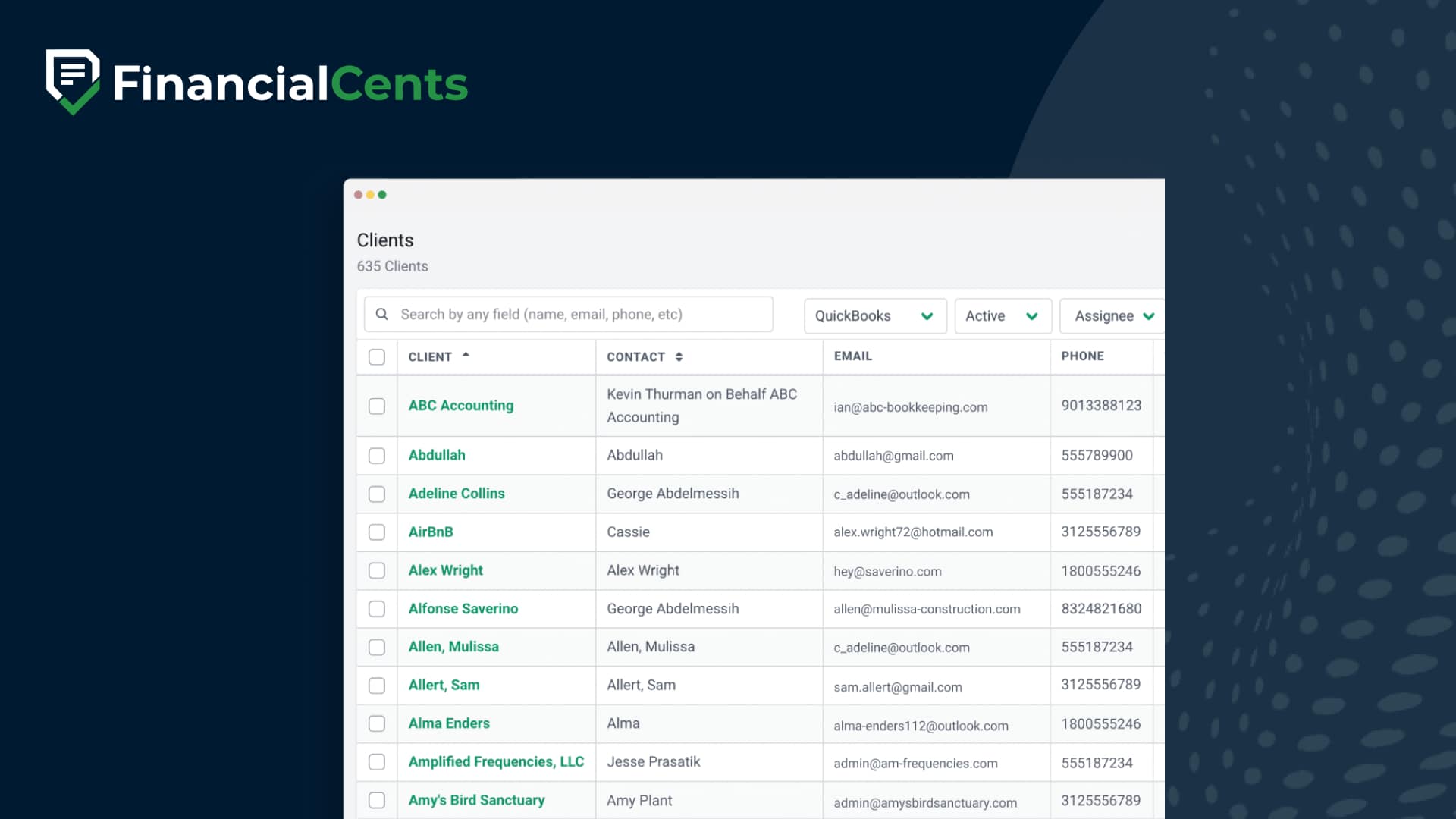 Financial Cents client management dashboard showing CRM features with client list, contacts, emails, phone numbers, and QuickBooks integration.