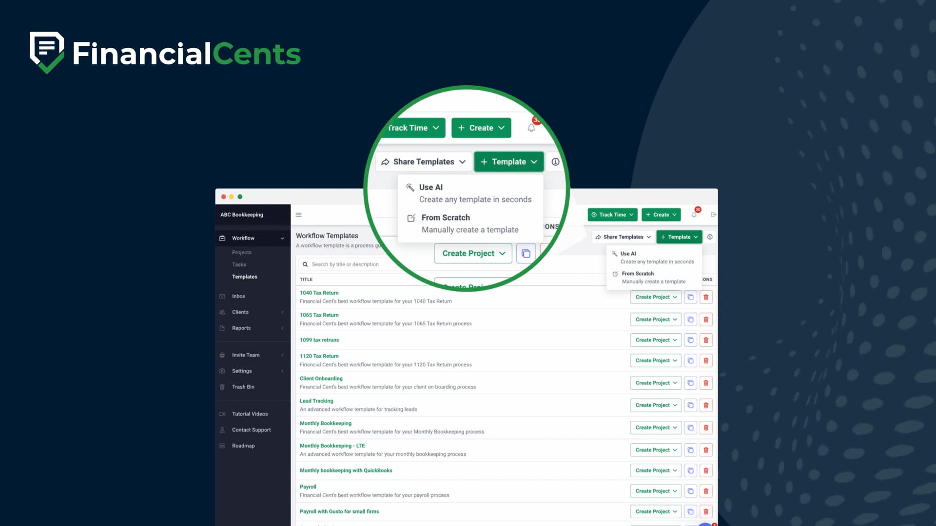 Financial Cents dashboard showing workflow templates with an option to create new templates using AI or from scratch.