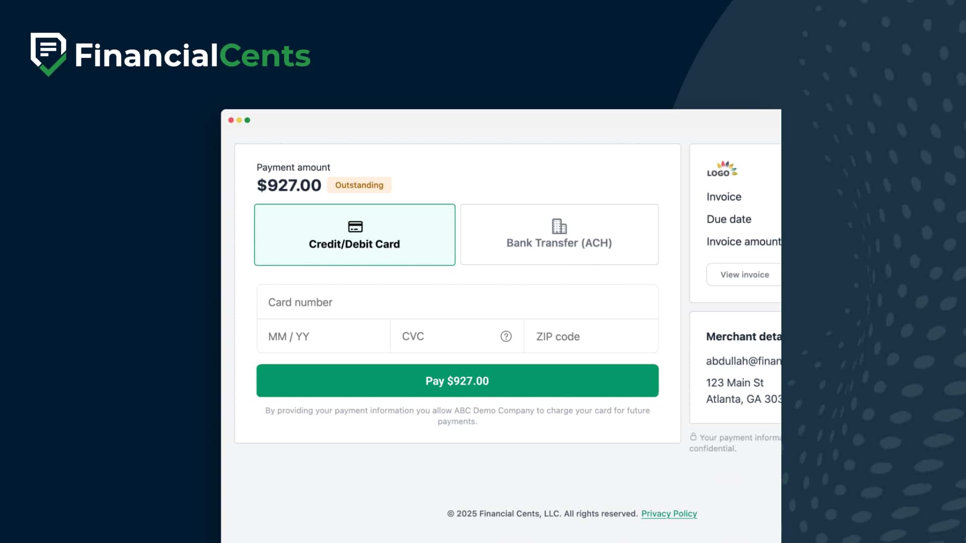 Payment screen mockup from Financial Cents showing a $927 outstanding invoice with options to pay via credit/debit card or bank transfer.