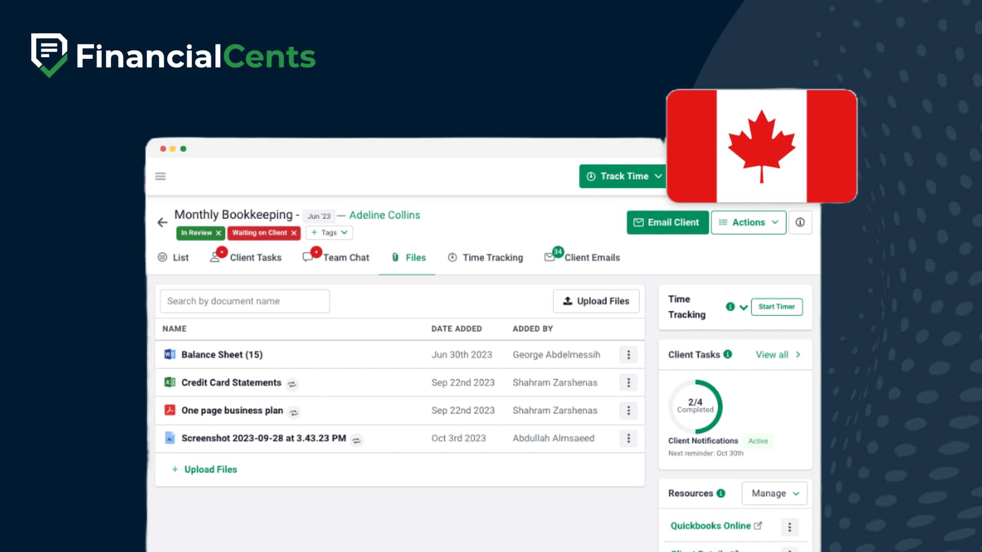 Financial Cents file management dashboard for monthly bookkeeping, showing uploaded client documents and a Canadian flag icon.