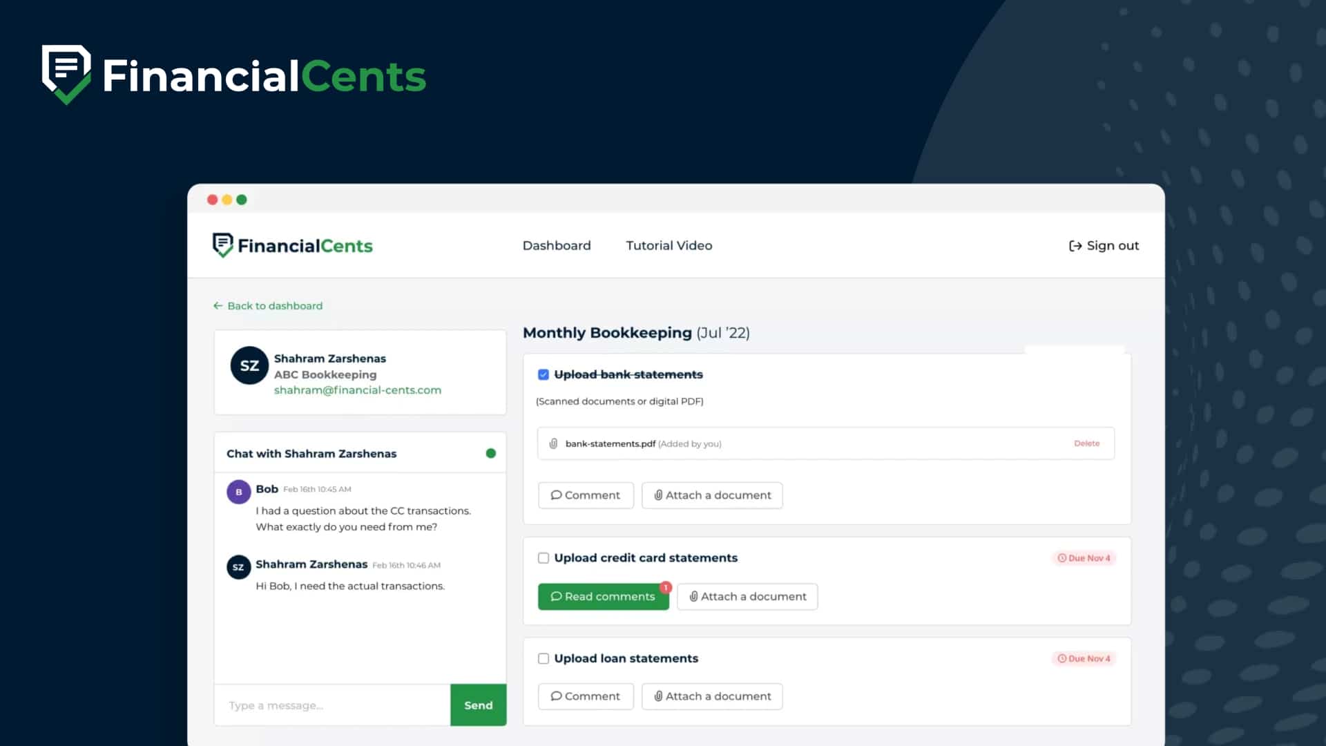 Financial Cents client portal showing monthly bookkeeping tasks with file upload options and a built-in chat for client communication.