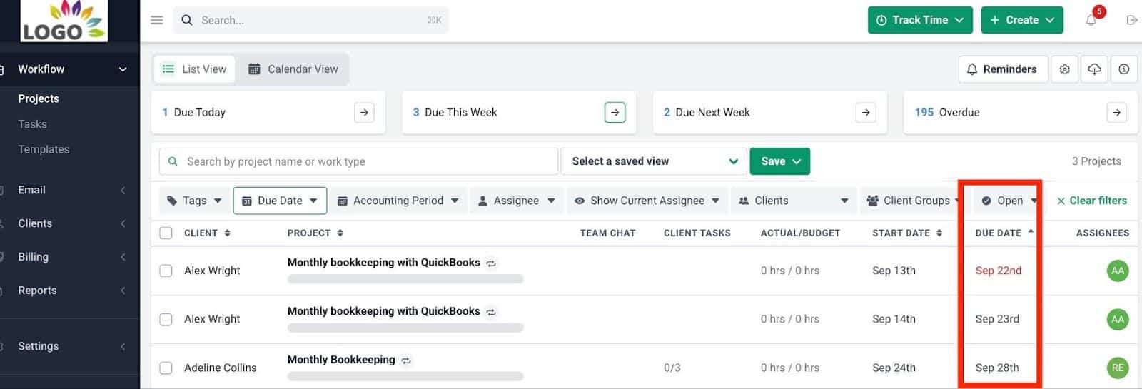 due date tracking feature in Financial Cents