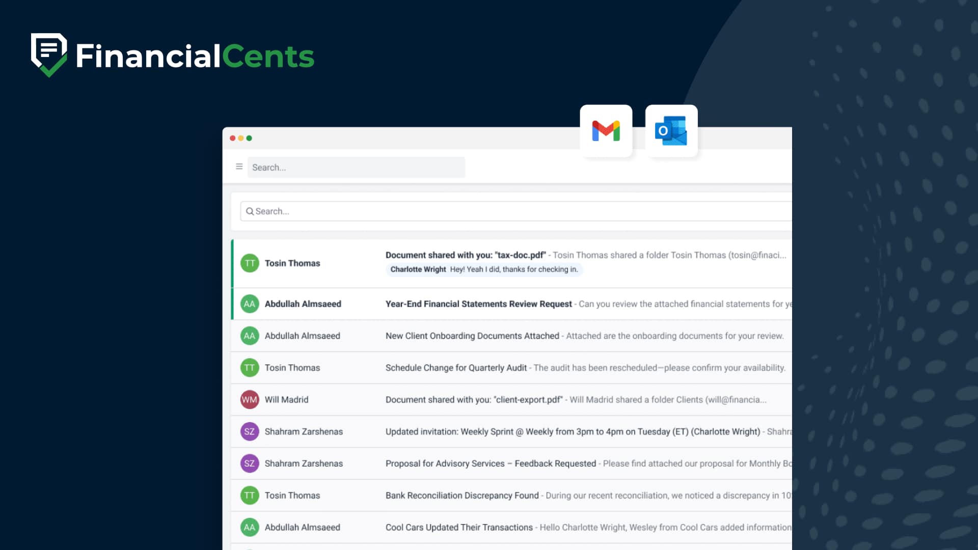 Financial Cents email integration view showing messages from Gmail and Outlook with client docs, audits, onboarding, and reconciliation updates.