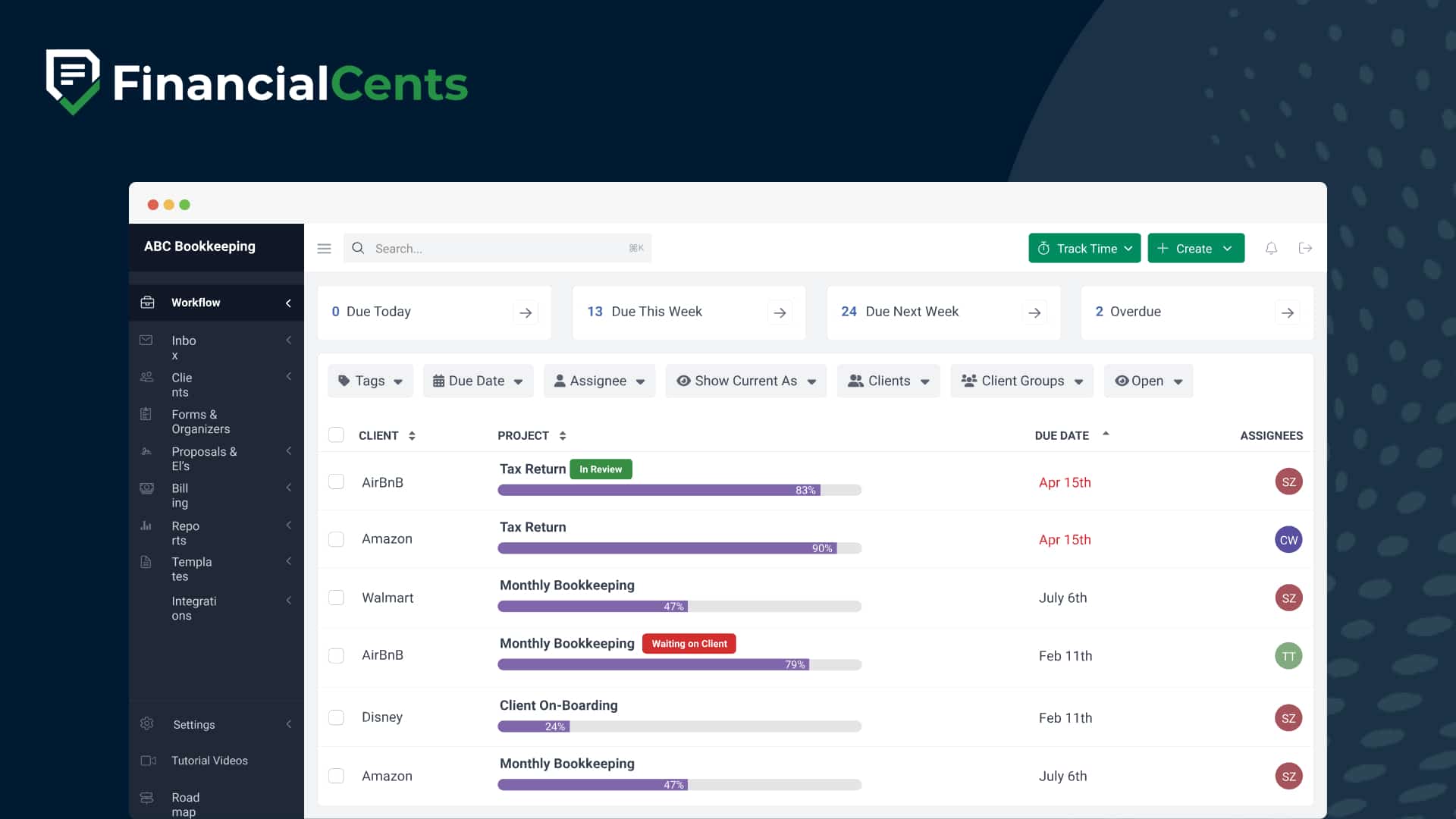 Financial Cents workflow dashboard showing client projects like tax returns, bookkeeping, and onboarding with progress tracking and status updates.