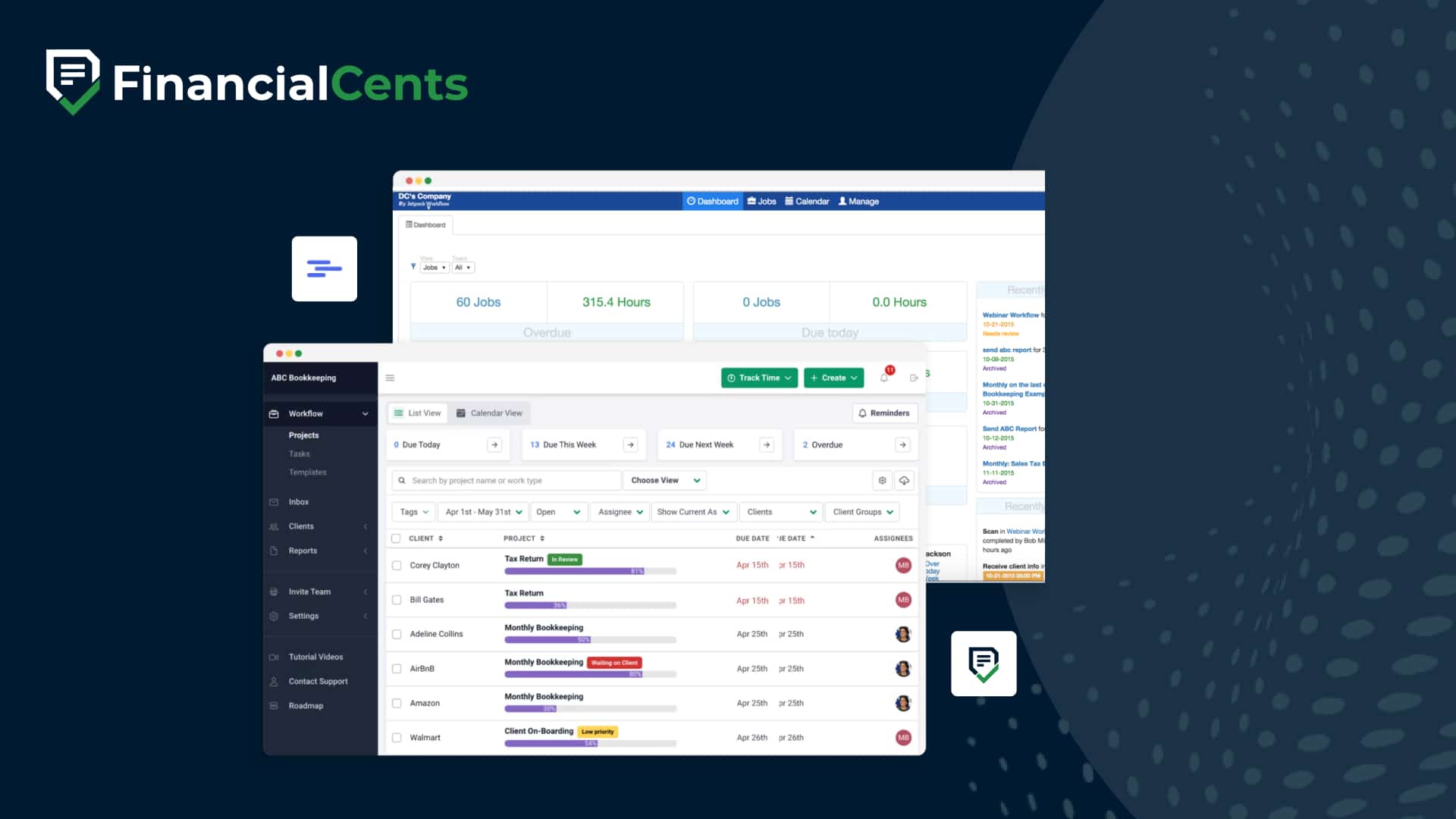 Financial Cents vs Jetpack Workflow dashboards comparison highlighting project tracking, task management, and accounting workflow features.