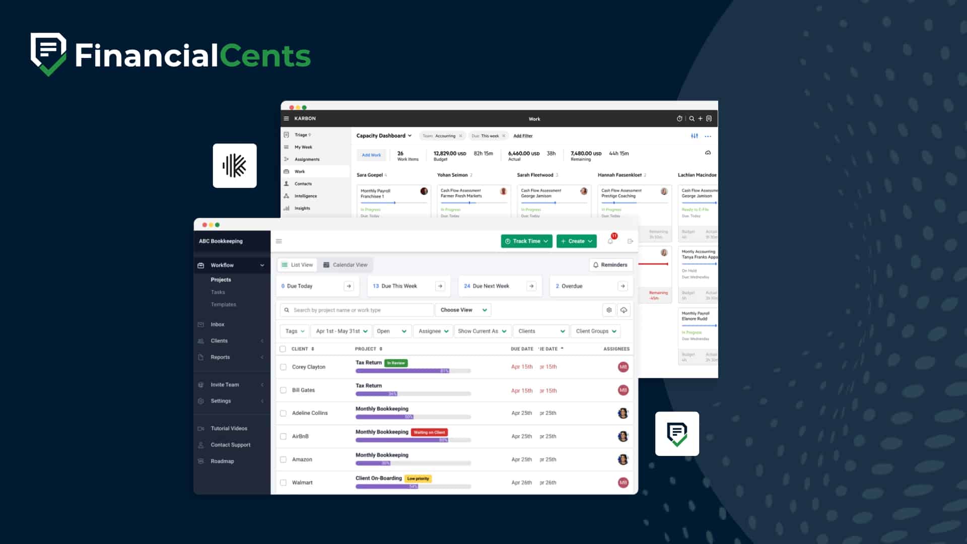 Financial Cents vs Karbon dashboards comparison showing task tracking, client projects, and accounting workflow management tools.