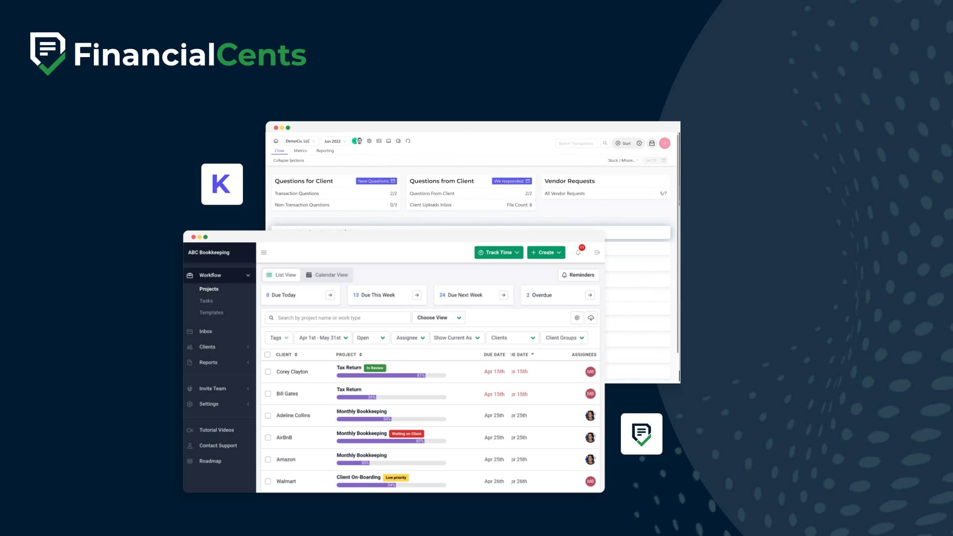 Financial Cents vs Keeper dashboards comparison highlighting client task tracking, project management, and accounting