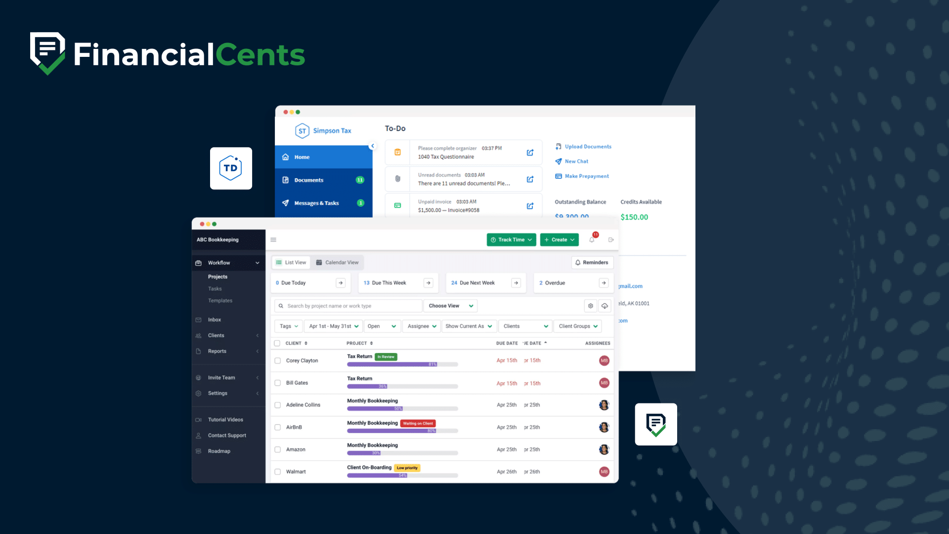 Financial Cents vs TaxDome dashboards comparison highlighting workflow tracking, client tasks, and document management for accounting firms.
