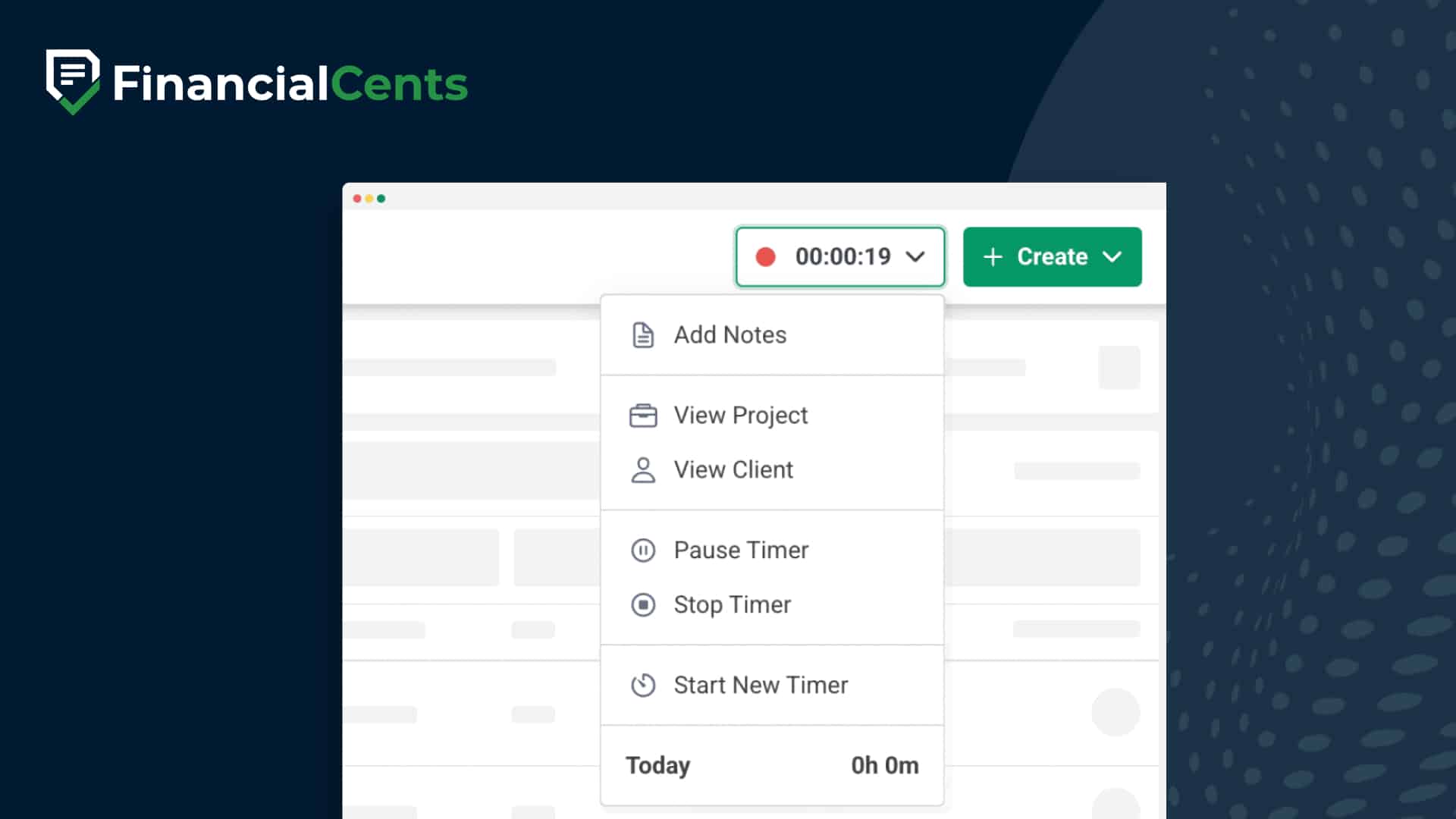 Financial Cents time tracking tool showing an active timer with options to add notes, view project, view client, pause, stop, or start a new timer.