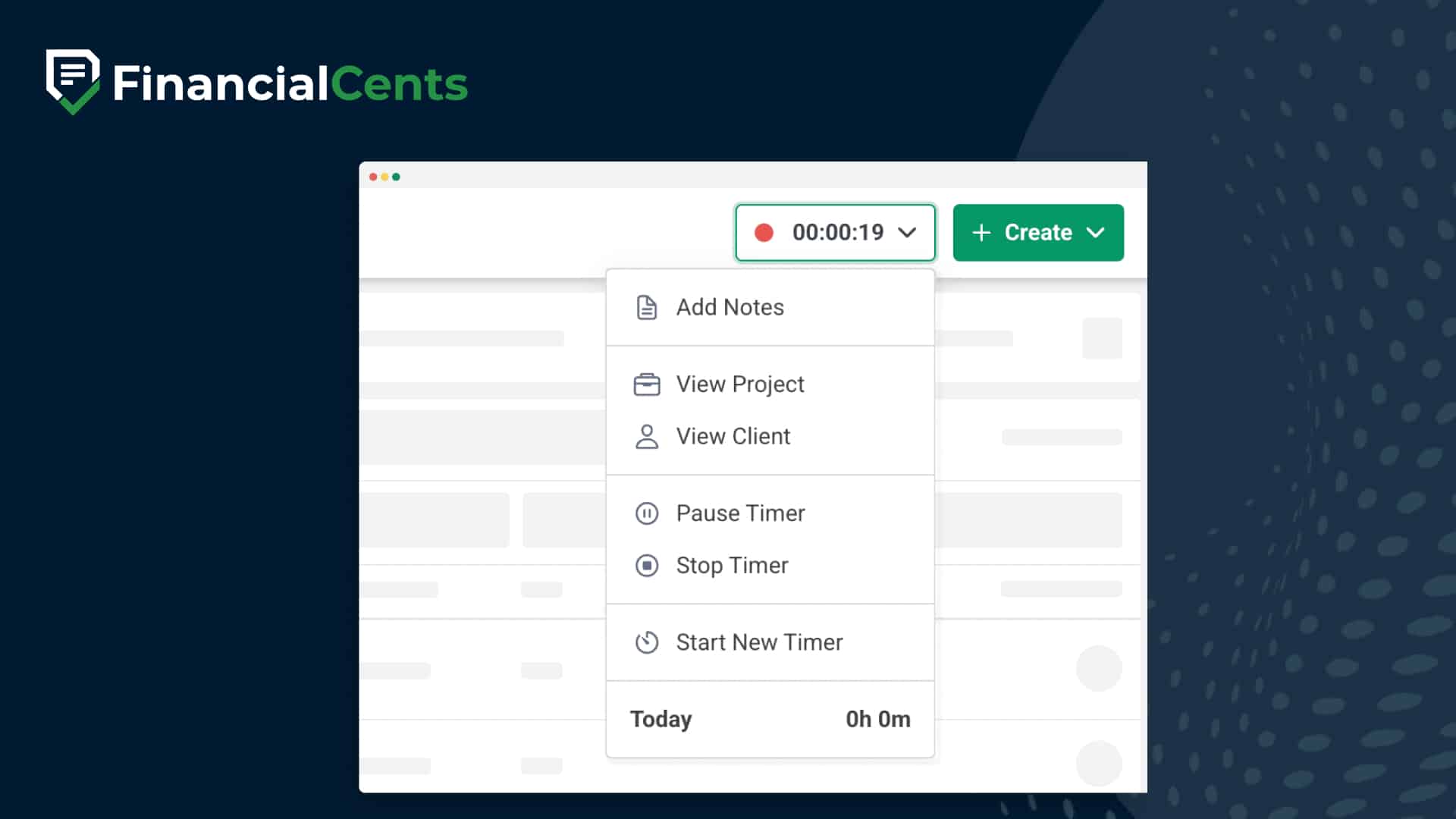 Financial Cents time tracking feature showing an active timer with options to add notes, view project/client, pause, stop, or start a new timer.