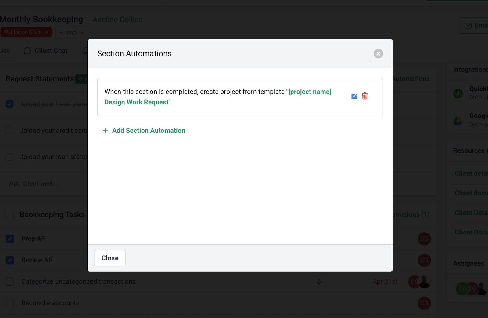 setting up workflow automation within a project in a practice management software