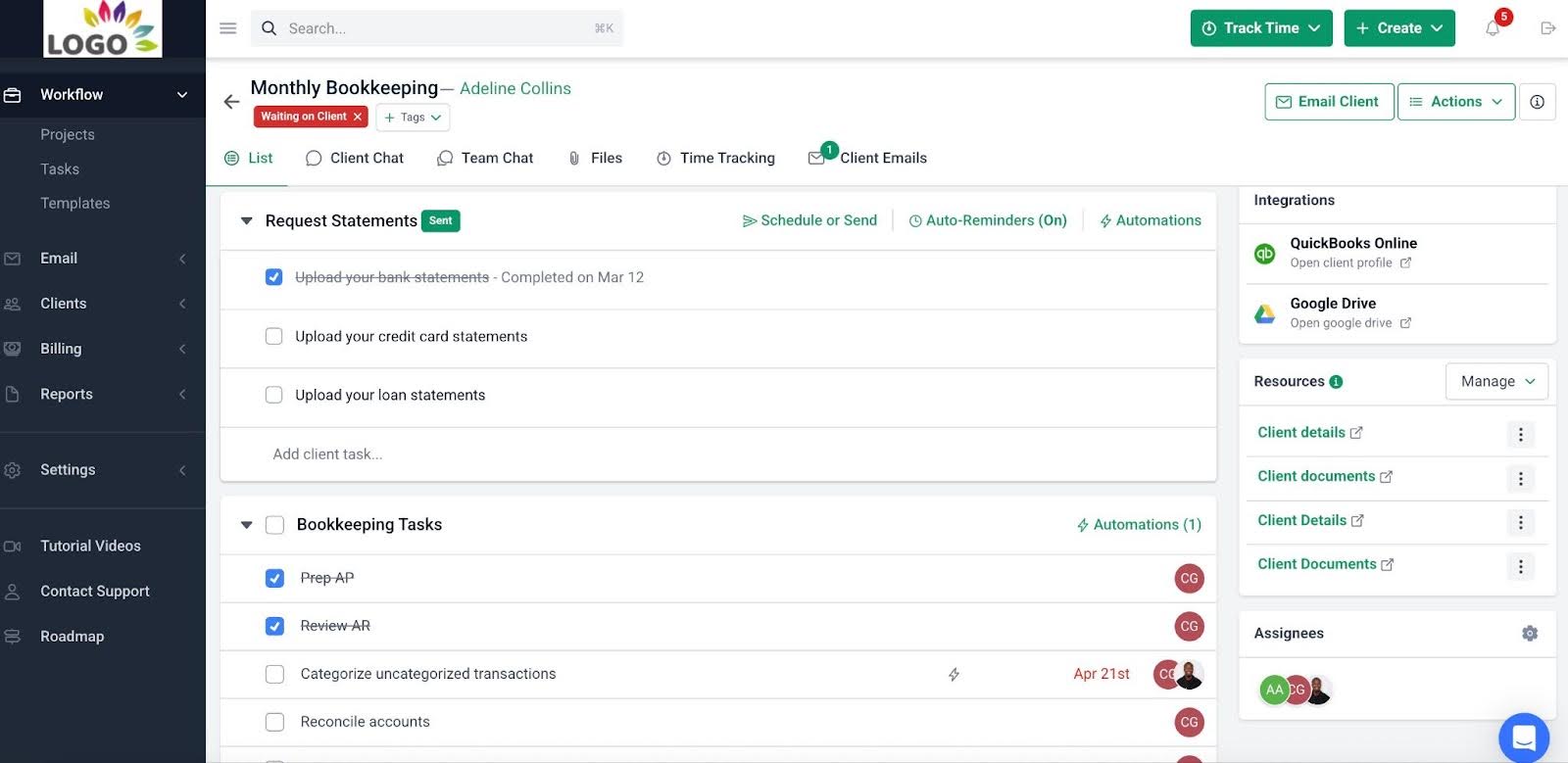 Project task view for workflow management in Financial Cents