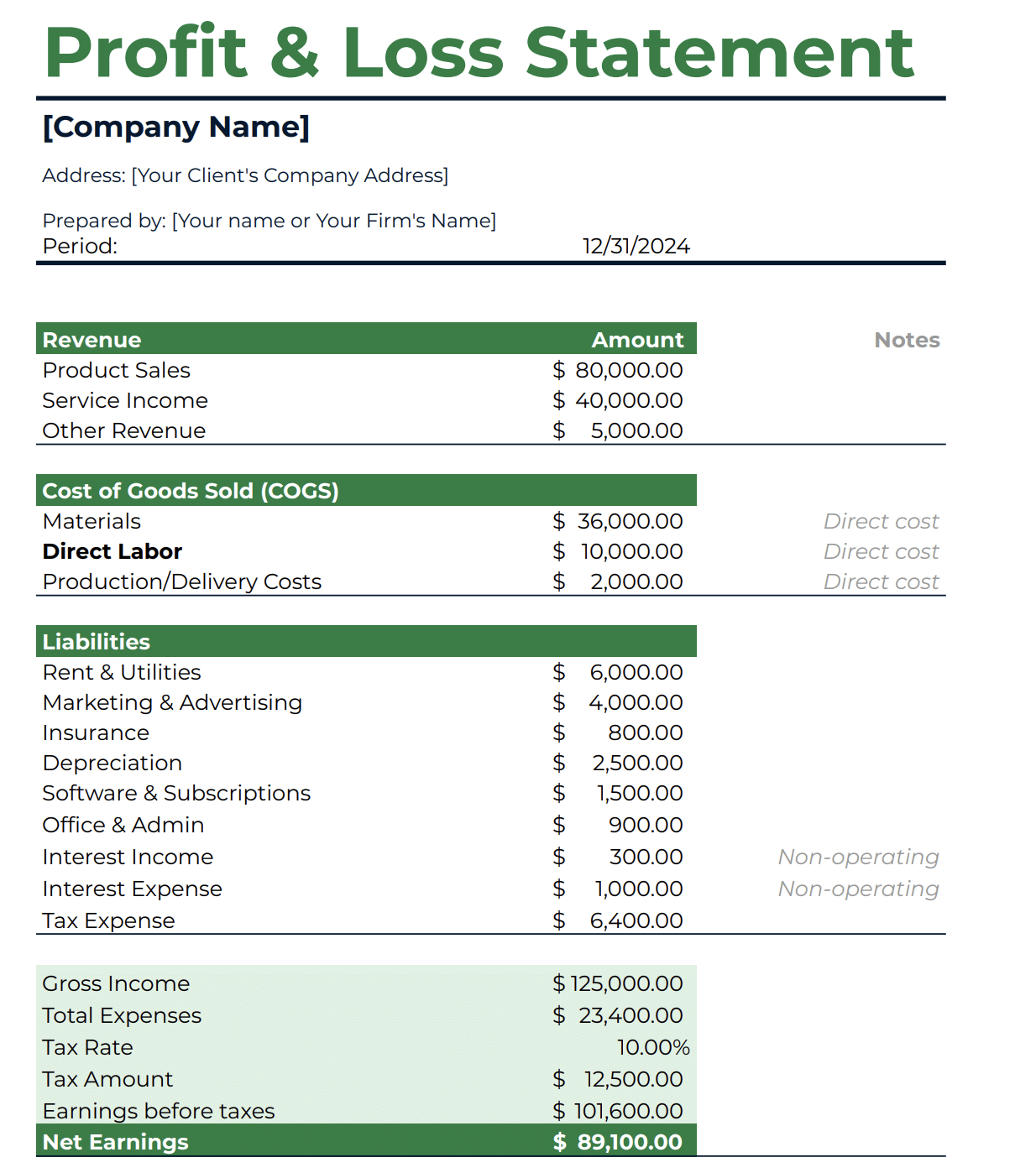 Profit and Loss Statement template showing revenues, COGS, liabilities, gross income, expenses, tax, and net earnings for the period ending 12/31/2024.