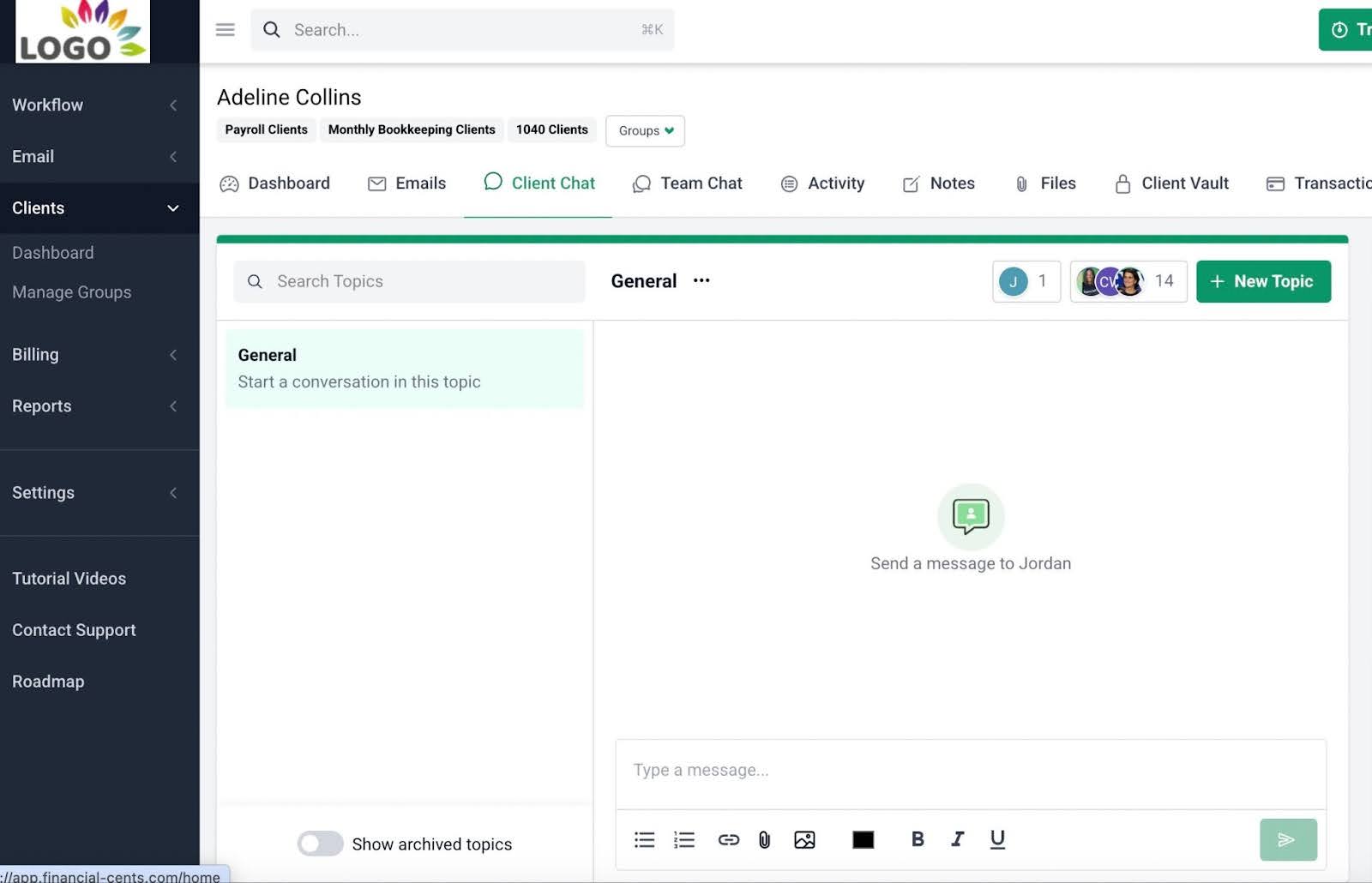 Financial Cents client chat interface through the portal