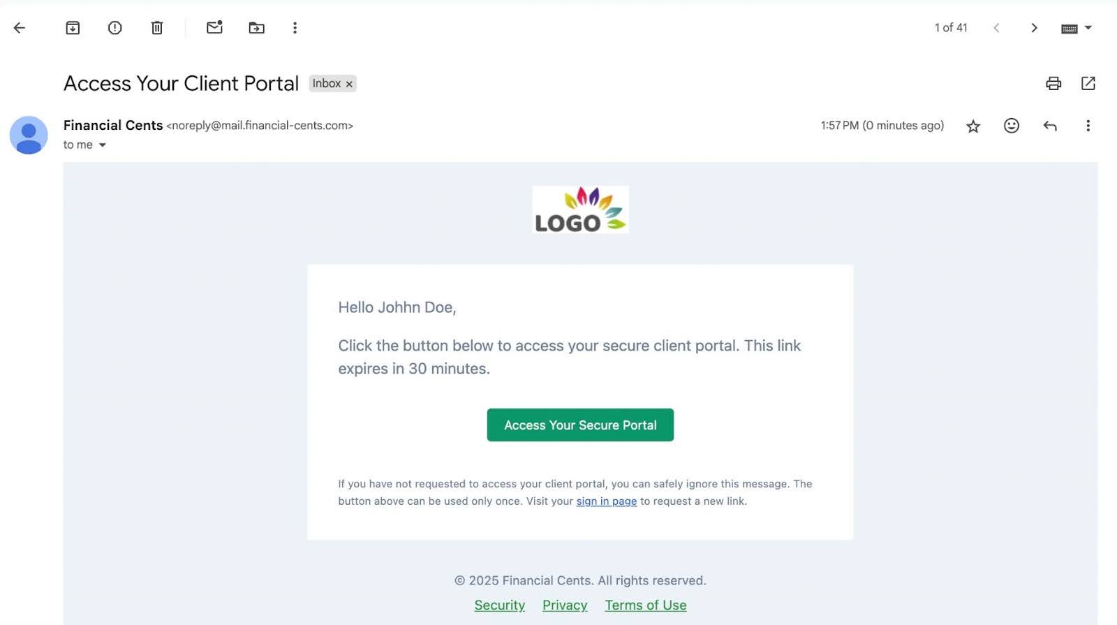 sample email from an accounting firm to a client to access their secure client portal
