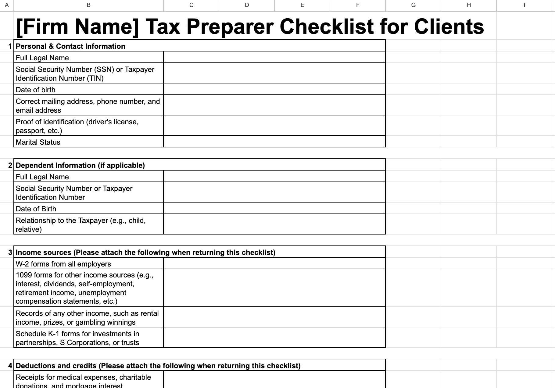 Tax preparer checklist for clients sample