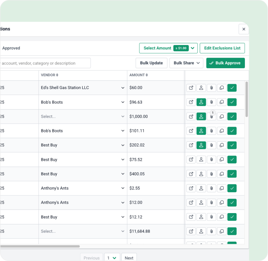 Table of transactions with vendors, amounts, and action buttons, showing bulk update and bulk approve options at the top.