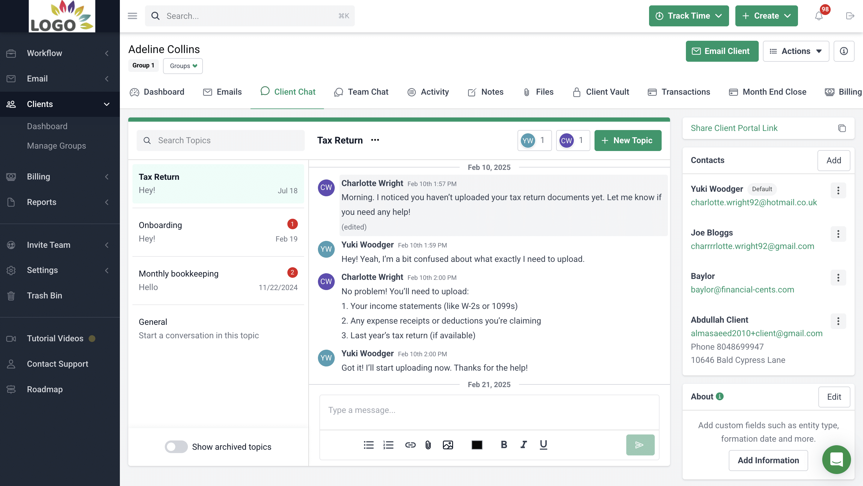 Financial Cents client chat feature