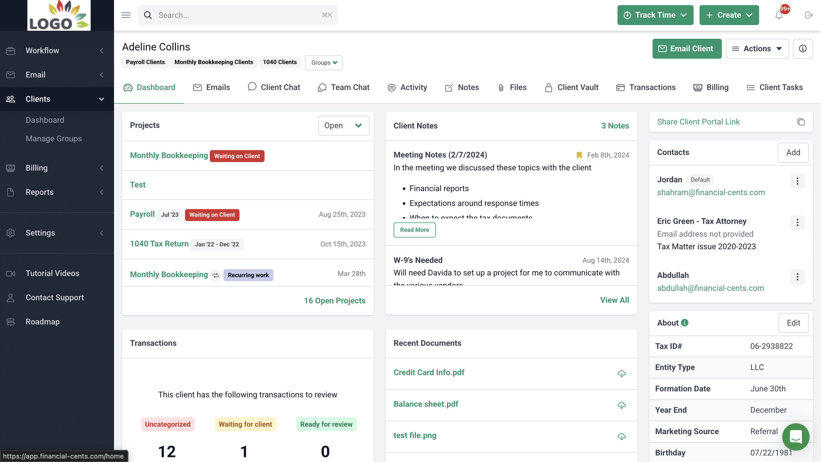 Financial Cents client profile dashboard