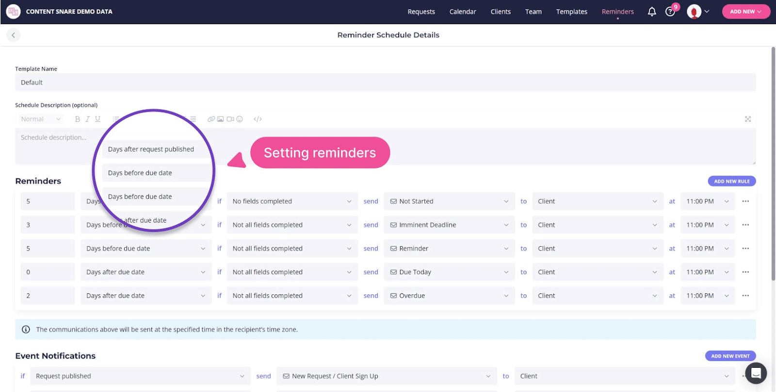 setting up reminders in content snare