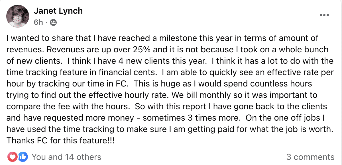 customer review from Janet Lynch about Financial Cents effective hourly rate feature