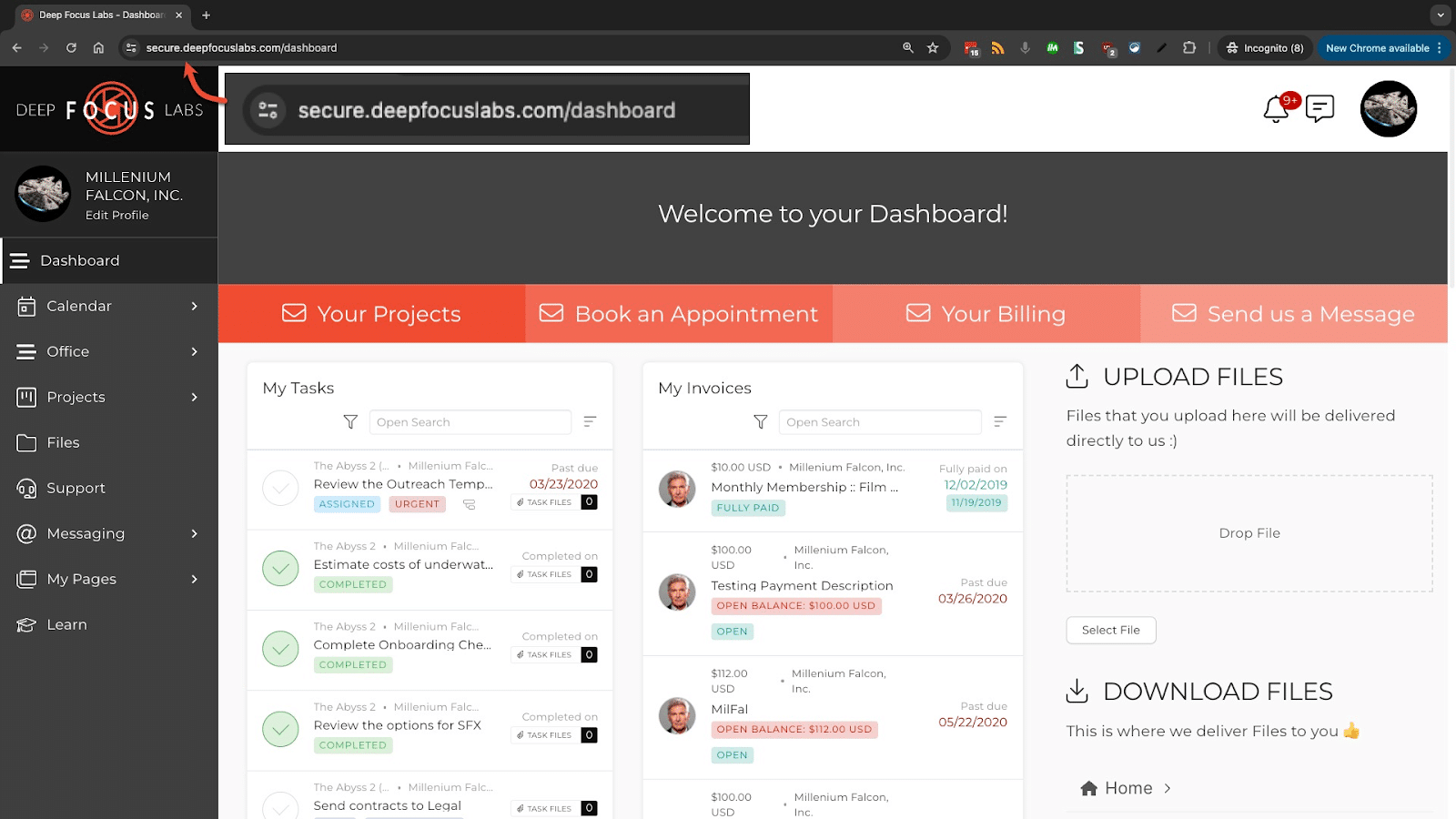 SuiteDash dashboard showing client tasks and invoices