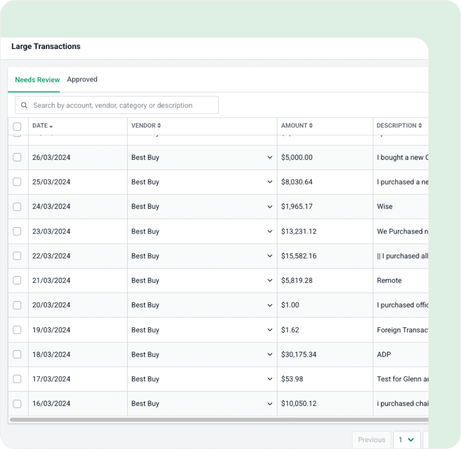 Table view of large financial transactions showing dates, vendors, amounts, descriptions, and a search bar under the Needs Review tab.