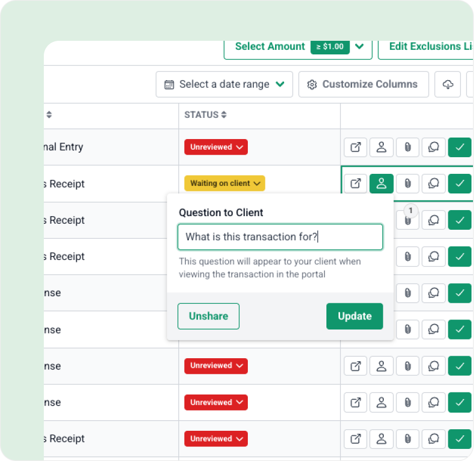 Popup asking a client to clarify a transaction, shown over a transactions table with status tags and action buttons.