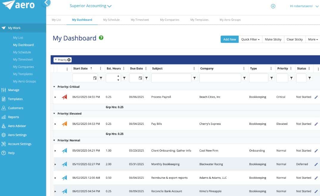 my dashboard interface in aero workflow
