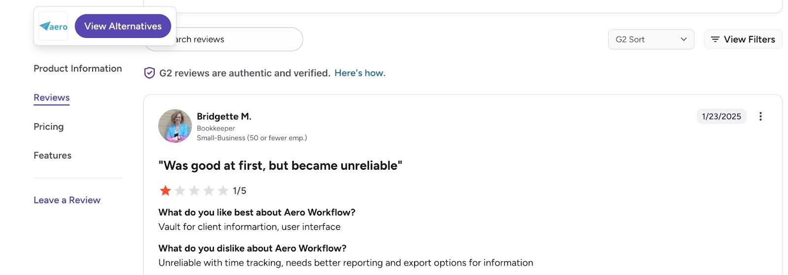 Bridgette M. customer review of aero workflow on G2