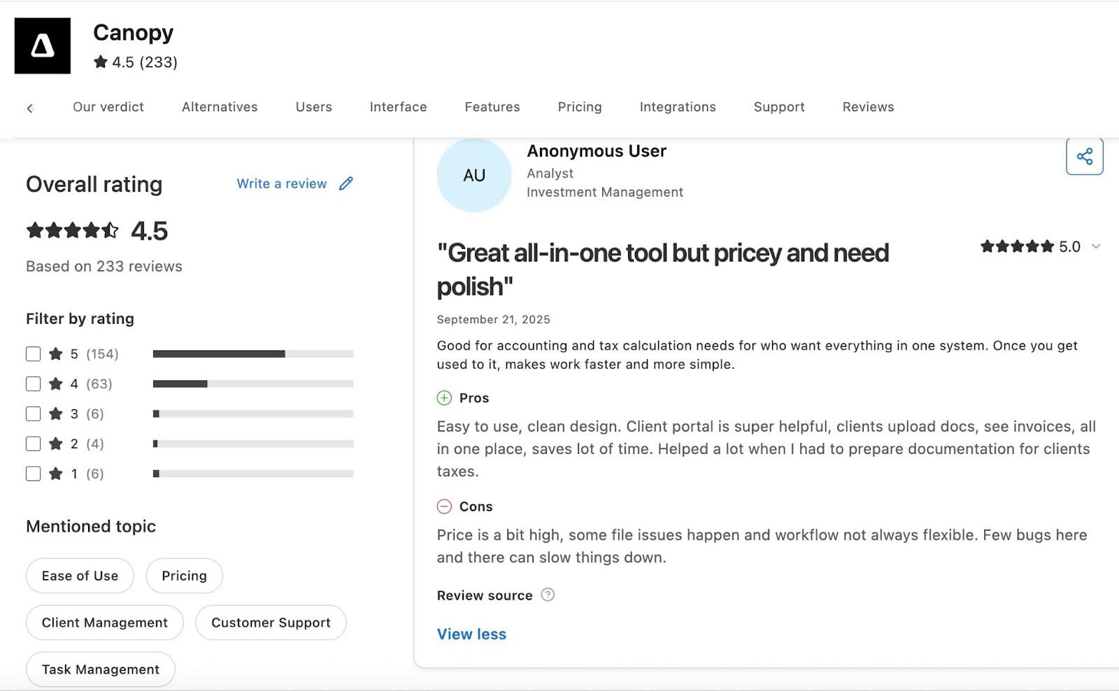 anonymous user review of Canopy on Capterra