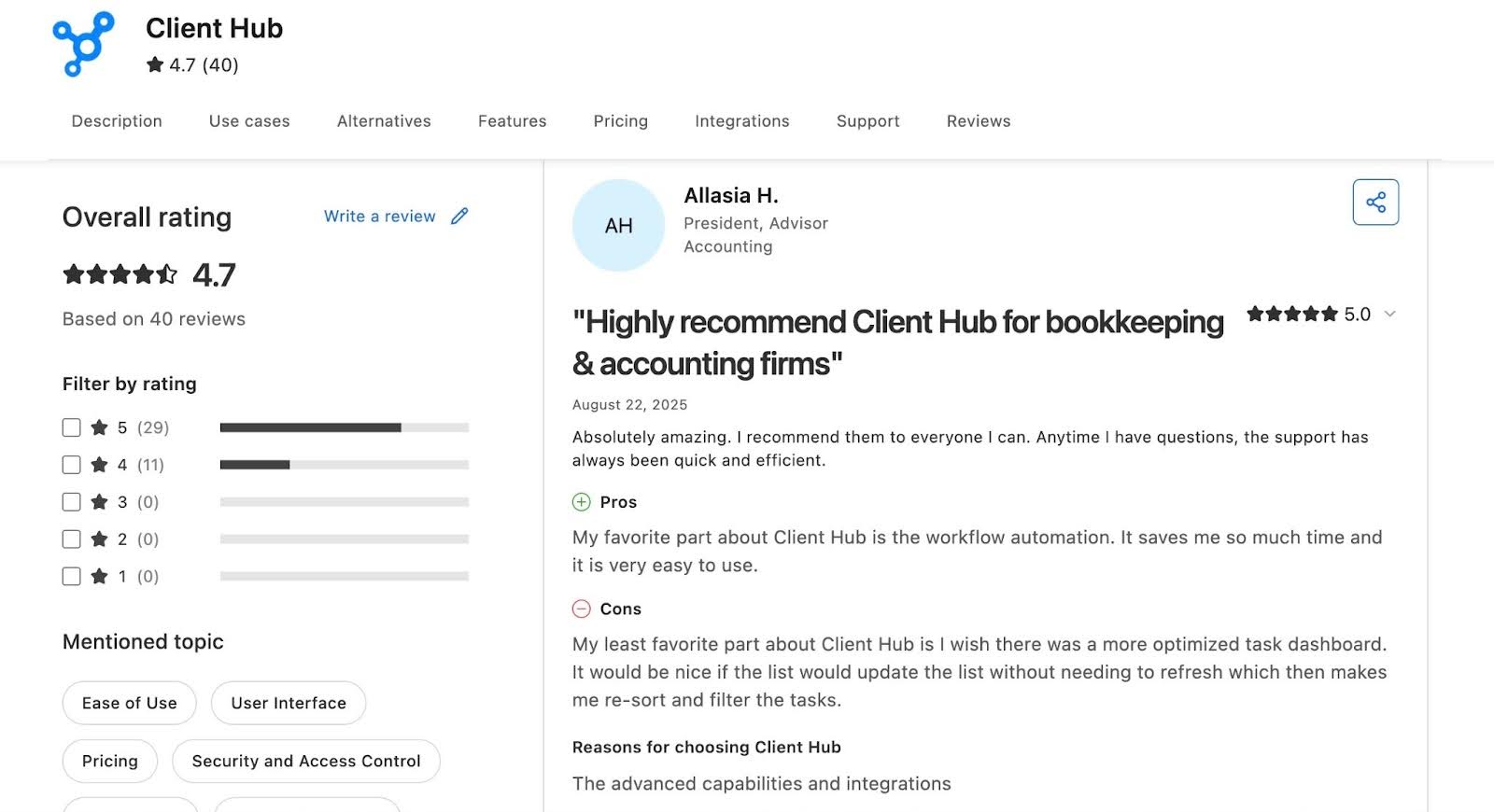 Allasia H. customer review of client hub