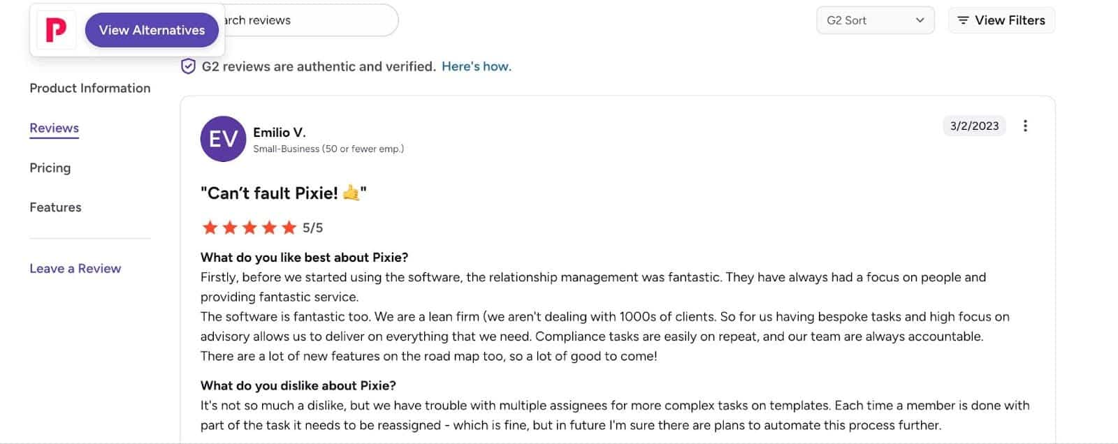 Emilio V. review of Pixie on G2