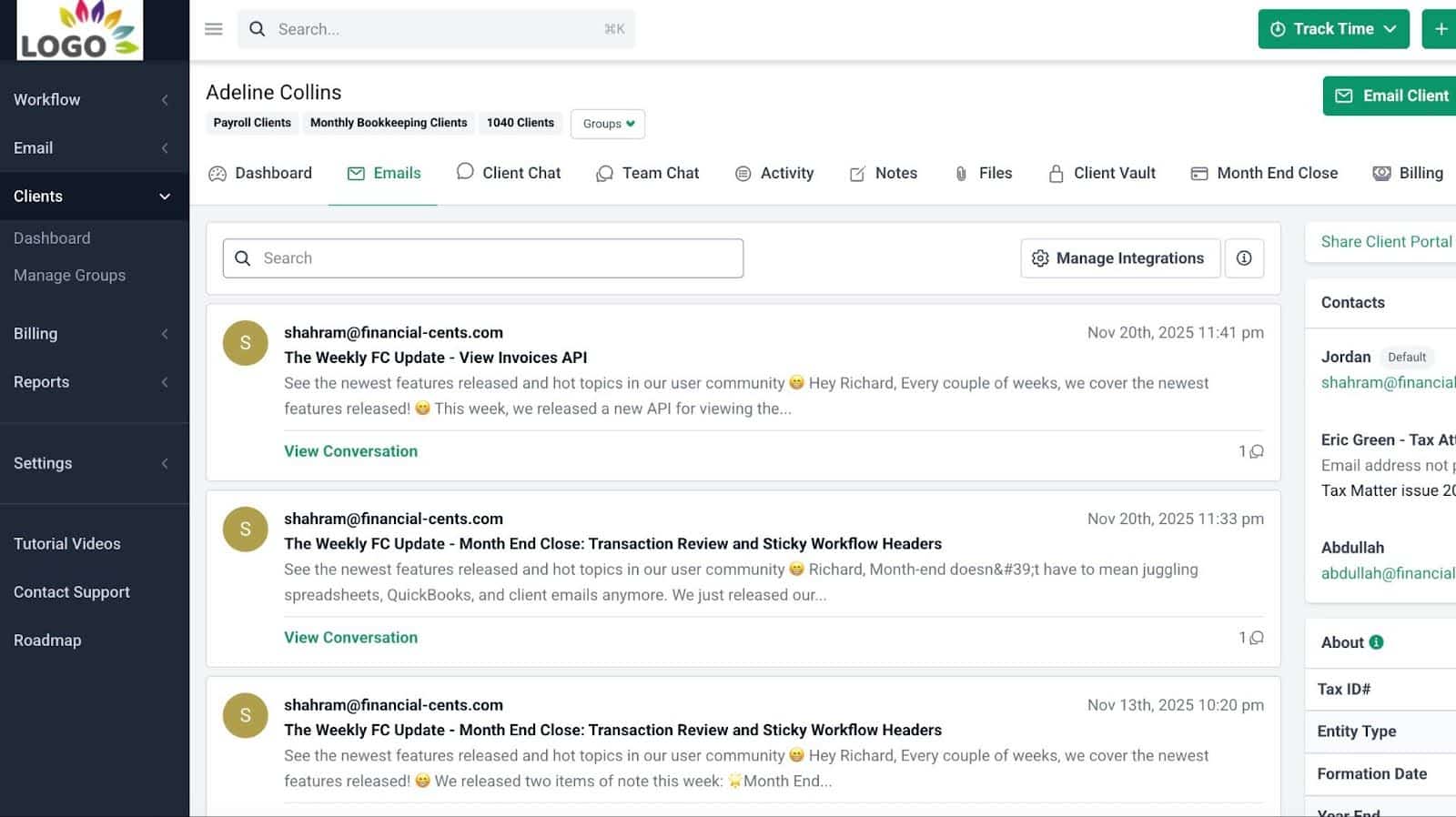 email management feature in Financial Cents