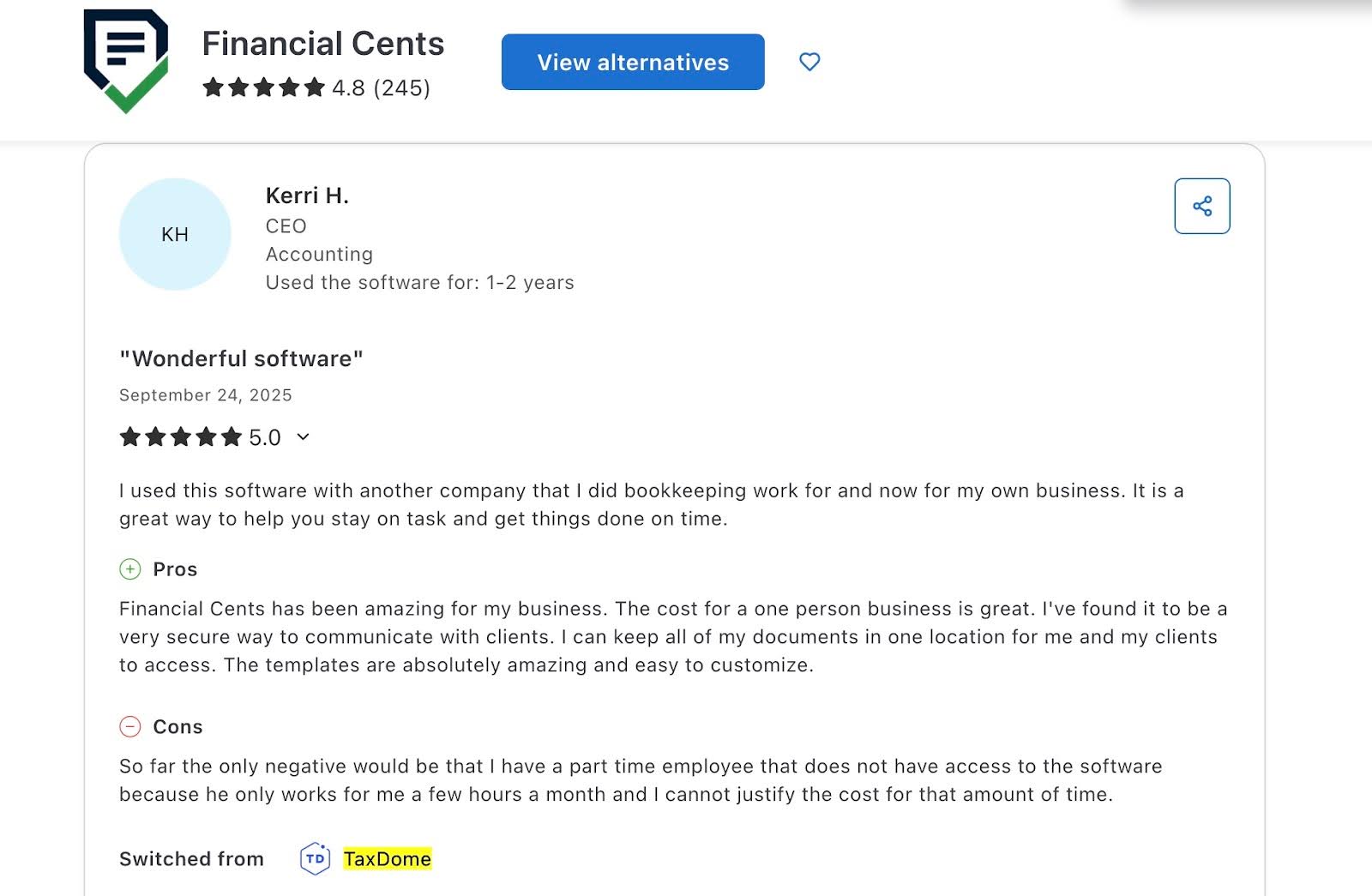 Kerri H review of Financial Cents on Capterra